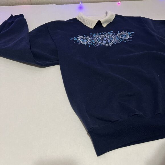 Morning Sun Sweater Collared Pullover M Blue Floral Hearts 80s 90s Grandmacore - Picture 4 of 7